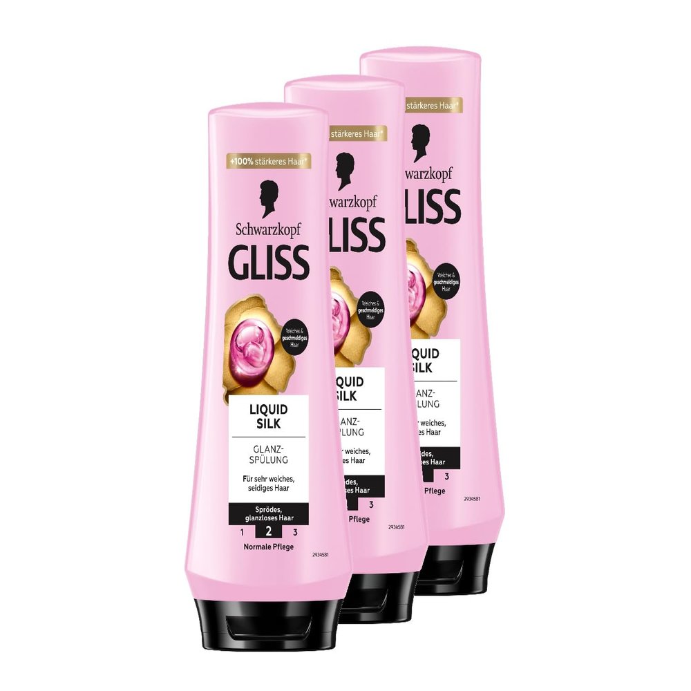 Gliss Liquid Silk Conditioner (3 x 200 ml) with Ceramides & Silk for Brittle, Dull Hair