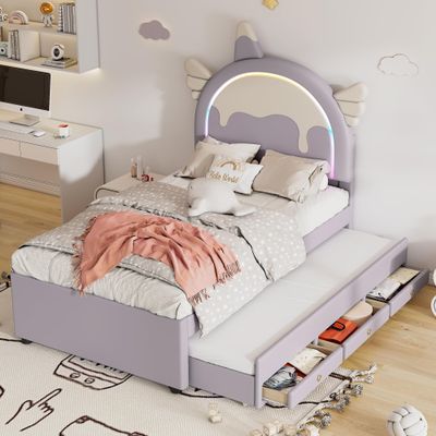 NNJN Cartoon Toddler Bed, Unicorn Shape, with Pull-Out Trundle Bed, PU Material, Purple, 90 x 200 cm, Mattress Not Included