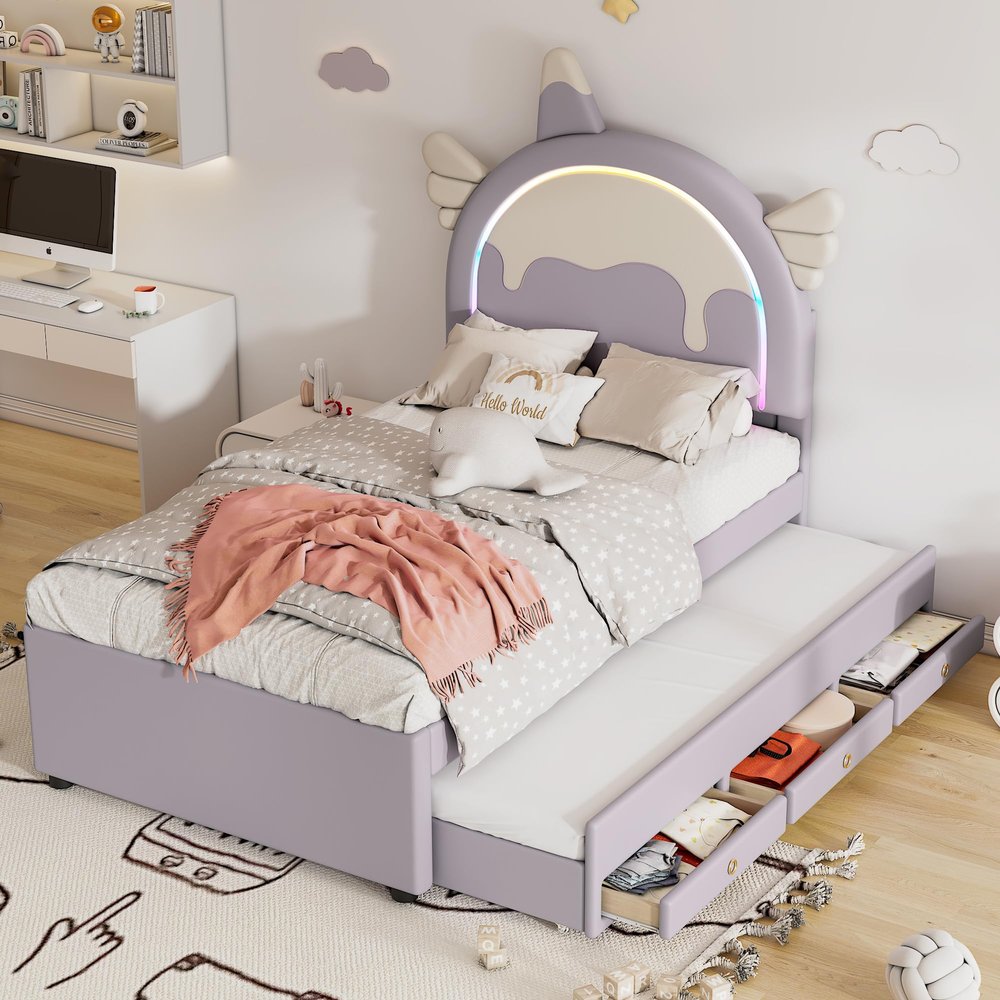 NNJN Cartoon Toddler Bed, Unicorn Shape, with Pull-Out Trundle Bed, PU Material, Purple, 90 x 200 cm, Mattress Not Included