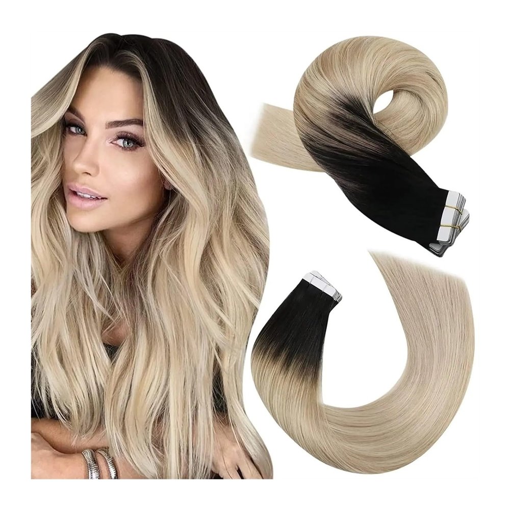 Remy Human Hair Tape-In Extensions, Black Ombre to Ash Blonde with Platinum Blonde, Straight, 12–24 in