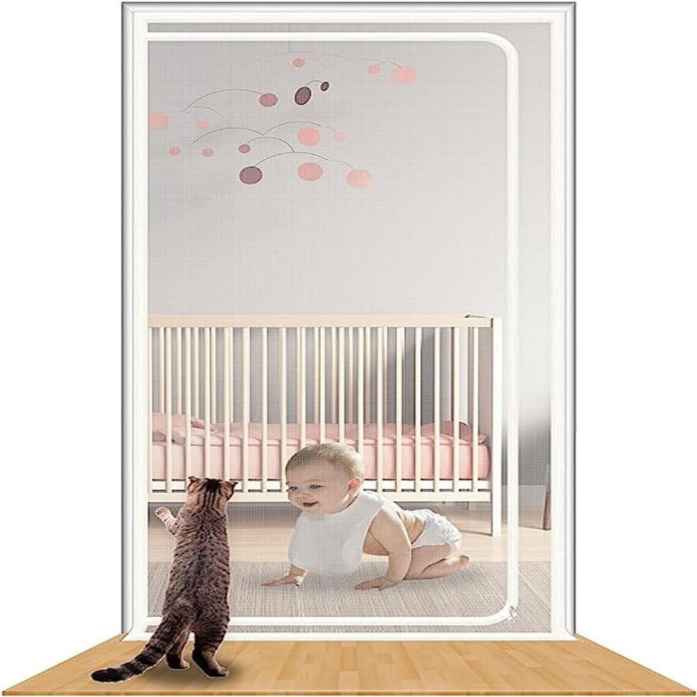 DTREEL Cat-Proof Balcony Window Safety Screen, 80 x 210 cm, with Self-Adhesive Tape and Zipper, White, 85 x 200 cm