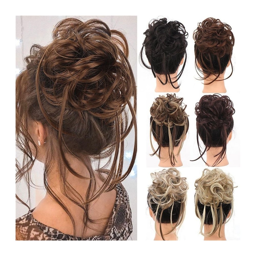 Synthetic Curly Messy Bun Hair Piece with Straight Tails