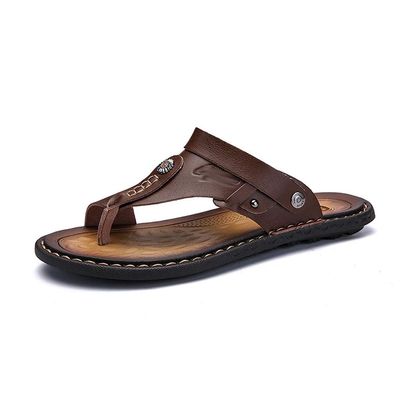 Genuine Leather Men's Shoes, Fashionable Flip-Flops, Trendy Non-Slip Casual Shoes, Classic Massage Beach Slippers (Color: A, Size: 9.5 Code) (C 8 Code)