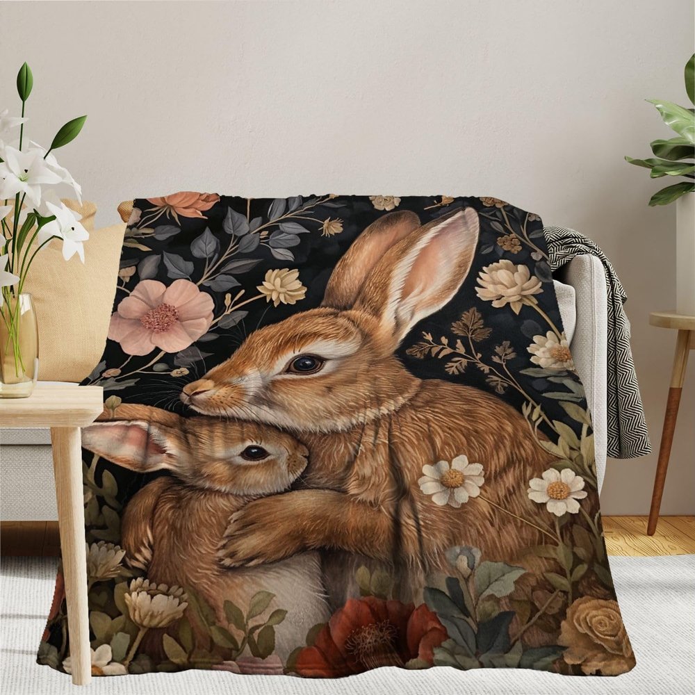 Fchen art Baby Bunny Fleece Flannel Lightweight Blanket, Rabbit, Warm Boho Floral Throw, 125 x 150 cm