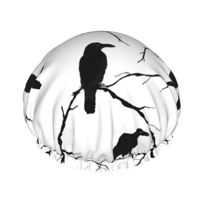 Adjustable Waterproof Shower Cap with Tree Branch and Black Crow Design
