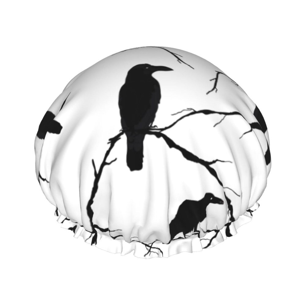 Adjustable Waterproof Shower Cap with Tree Branch and Black Crow Design