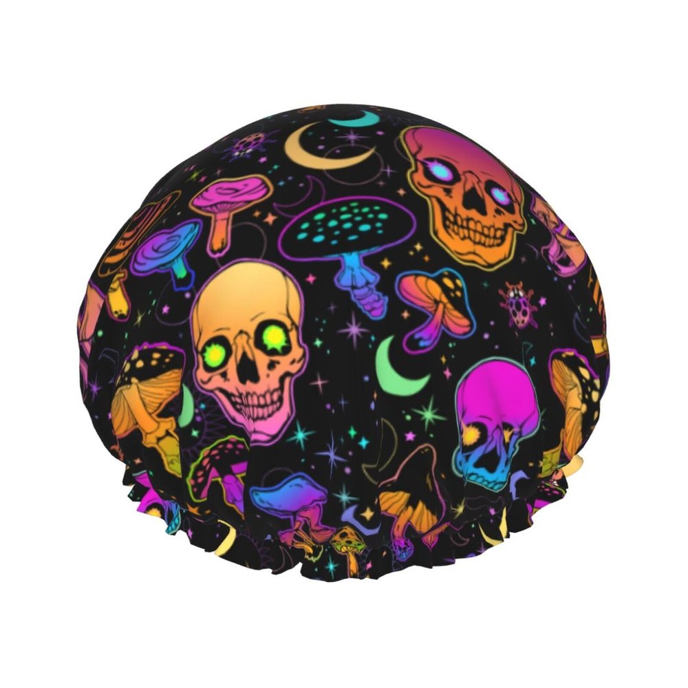 Stylish Reusable Shower Cap (Trippy Moon Skulls Mushrooms)