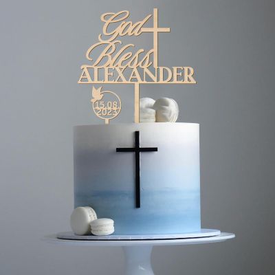 Party to Be Personalized Baptism Cake Topper with Name, Wooden Cake Pick, God's Blessing, Design 04