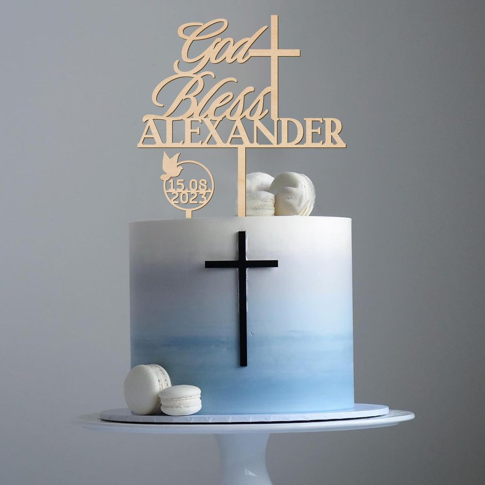 Party to Be Personalized Baptism Cake Topper with Name, Wooden Cake Pick, God's Blessing, Design 04