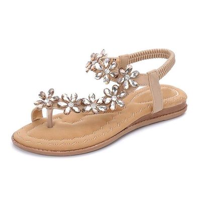 Summer Women's Flat Gladiator Sandals, Flip-Flop Crystal Flower Casual Beach Sandals (Gre: 10code) (B 7code)