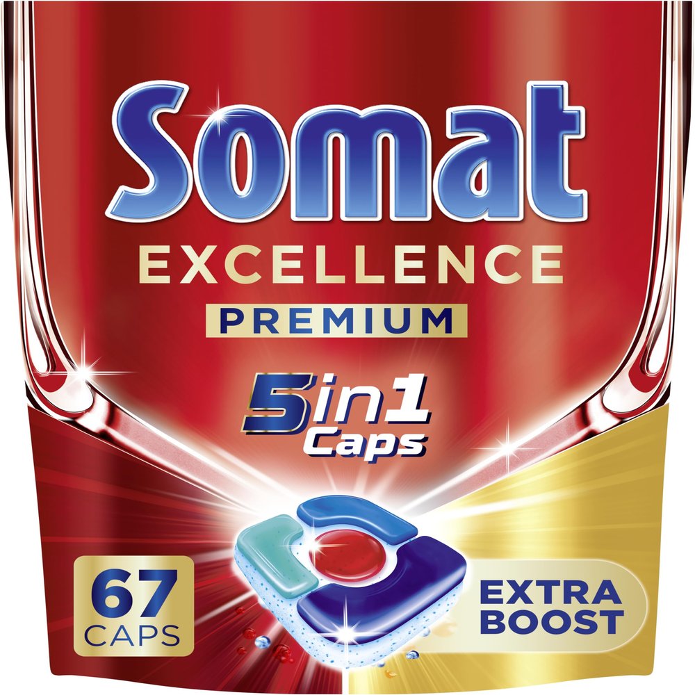 Somat Excellence Premium 5-in-1 Caps, 67 Count, Fast-Dissolving Dishwasher Tablets with Extra Boost