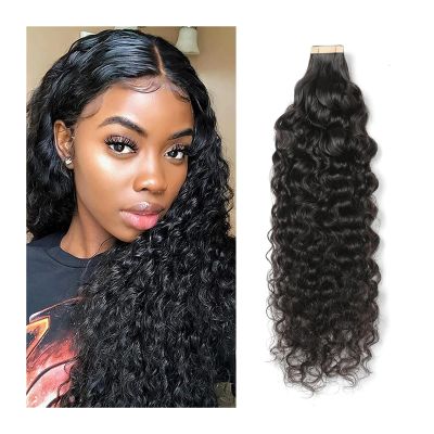 Deep Curly Remy Human Hair Tape-In Extensions, Natural Black