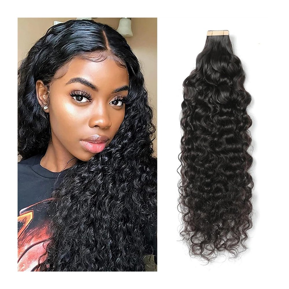 Deep Curly Remy Human Hair Tape-In Extensions, Natural Black