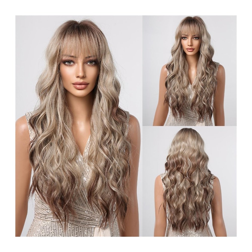 Ombre Ash Blonde Wavy Synthetic Wig with Bangs and Highlights, Heat-Resistant, LC2108-1