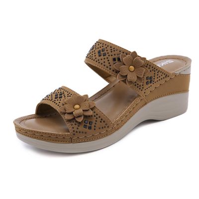 CrEev Women's Wedge Sandals, Open-Toe Floral Massage Flip-Flops, Boho Beach Clogs (Blue EU 37) (Brown EU 40)