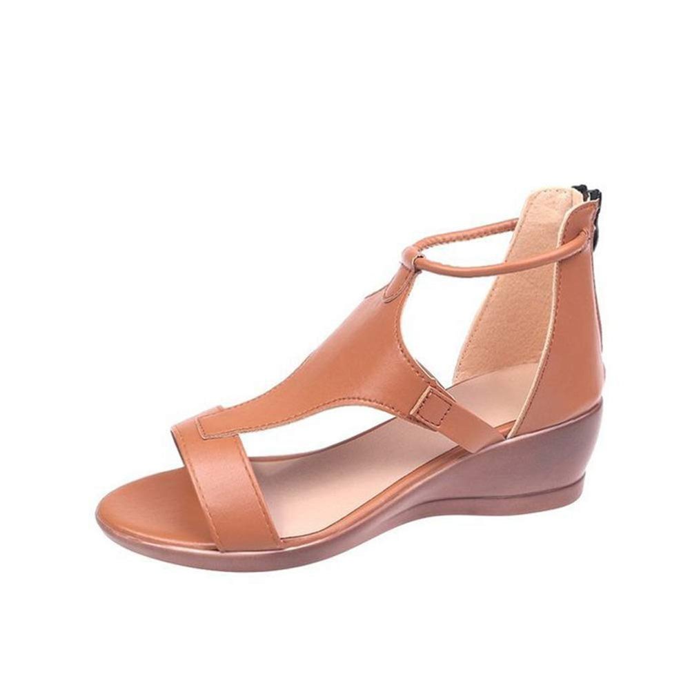 Women's Fashion Wedge Sandals, Comfort Rome, Orthopedic Open-Toe PU Leather Summer Sandals (Burgundy, EU 37) (Light Brown)