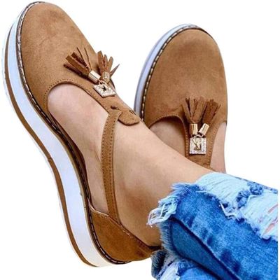 Women's Platform Sandals with Tassel, Closed Toe, Buckle Ankle Strap, and Leather Espadrille Style