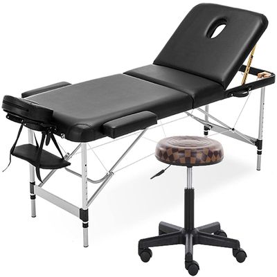 WQZStar Portable Massage Table and Saddle Stool Set, 3-Piece Folding SPA Bed for Home Massage, Purple/Black