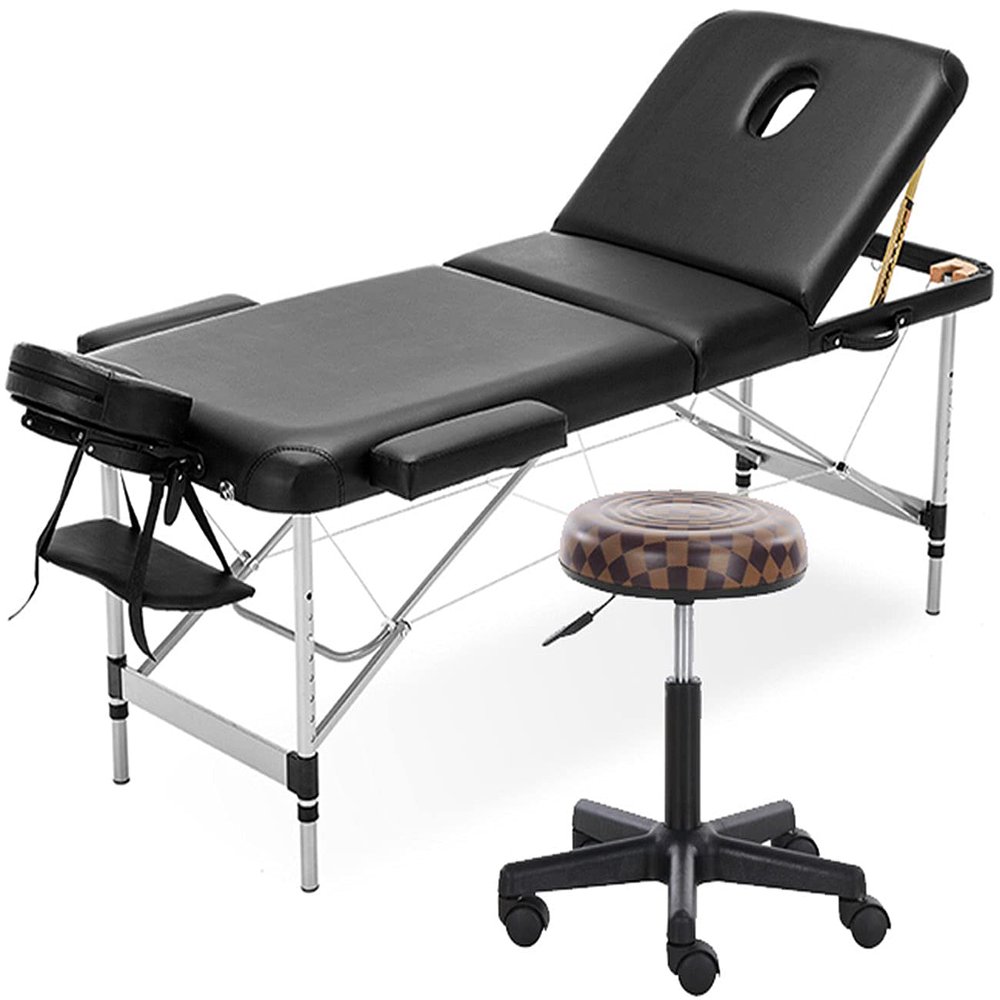 WQZStar Portable Massage Table and Saddle Stool Set, 3-Piece Folding SPA Bed for Home Massage, Purple/Black
