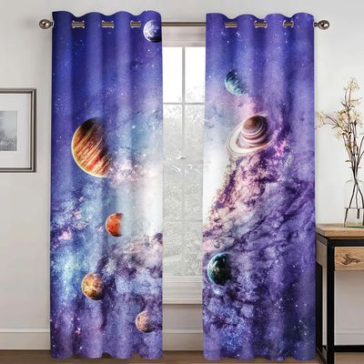 SHROUDEX Universe Planet Space Starry-Sky Curtains with 3D-Printed Stars for Kids' Rooms, 2 Panels