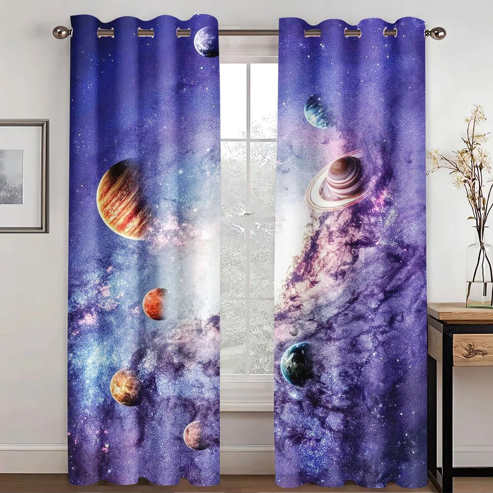 SHROUDEX Universe Planet Space Starry-Sky Curtains with 3D-Printed Stars for Kids' Rooms, 2 Panels