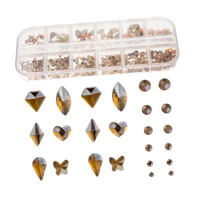 Healeved Flat-Back Glass Glitter Nail Rhinestones, 12 Compartments, Various Shapes