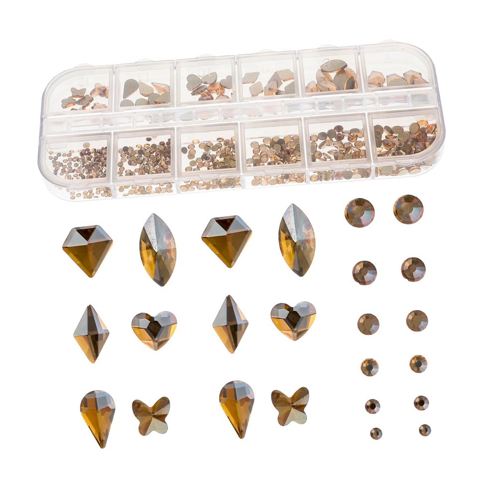 Healeved Flat-Back Glass Glitter Nail Rhinestones, 12 Compartments, Various Shapes