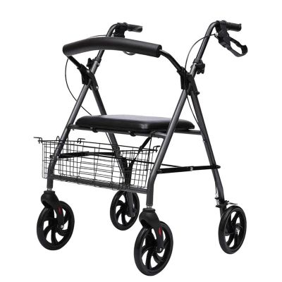 Upright Rollator Walker with Seat, Brakes, Basket, Foldable Stainless Steel Frame