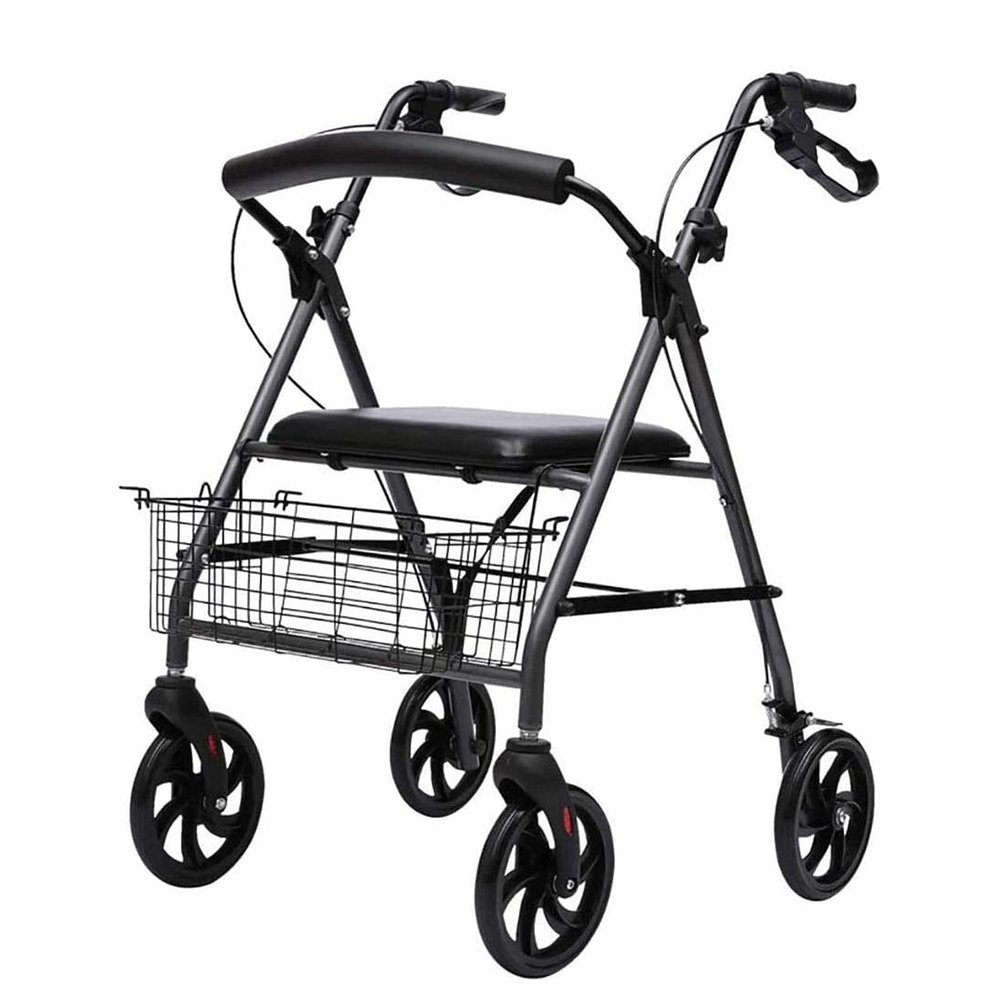 Upright Rollator Walker with Seat, Brakes, Basket, Foldable Stainless Steel Frame