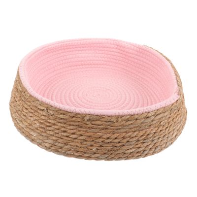 INOOMP Round Lightweight Woven Grass and Wicker Pet Bed in Pink