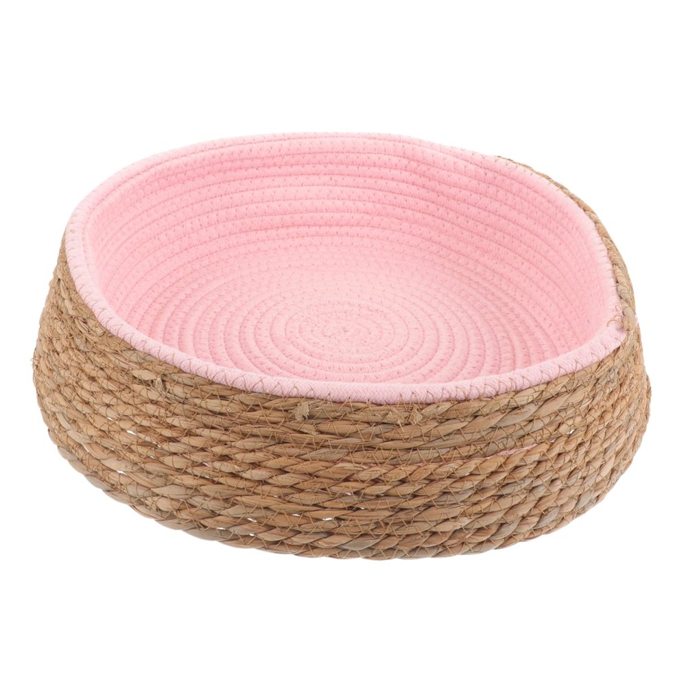INOOMP Round Lightweight Woven Grass and Wicker Pet Bed in Pink