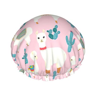 Soft Llama and Cactus Print Shower Cap for Women, Reusable and Eco-Friendly