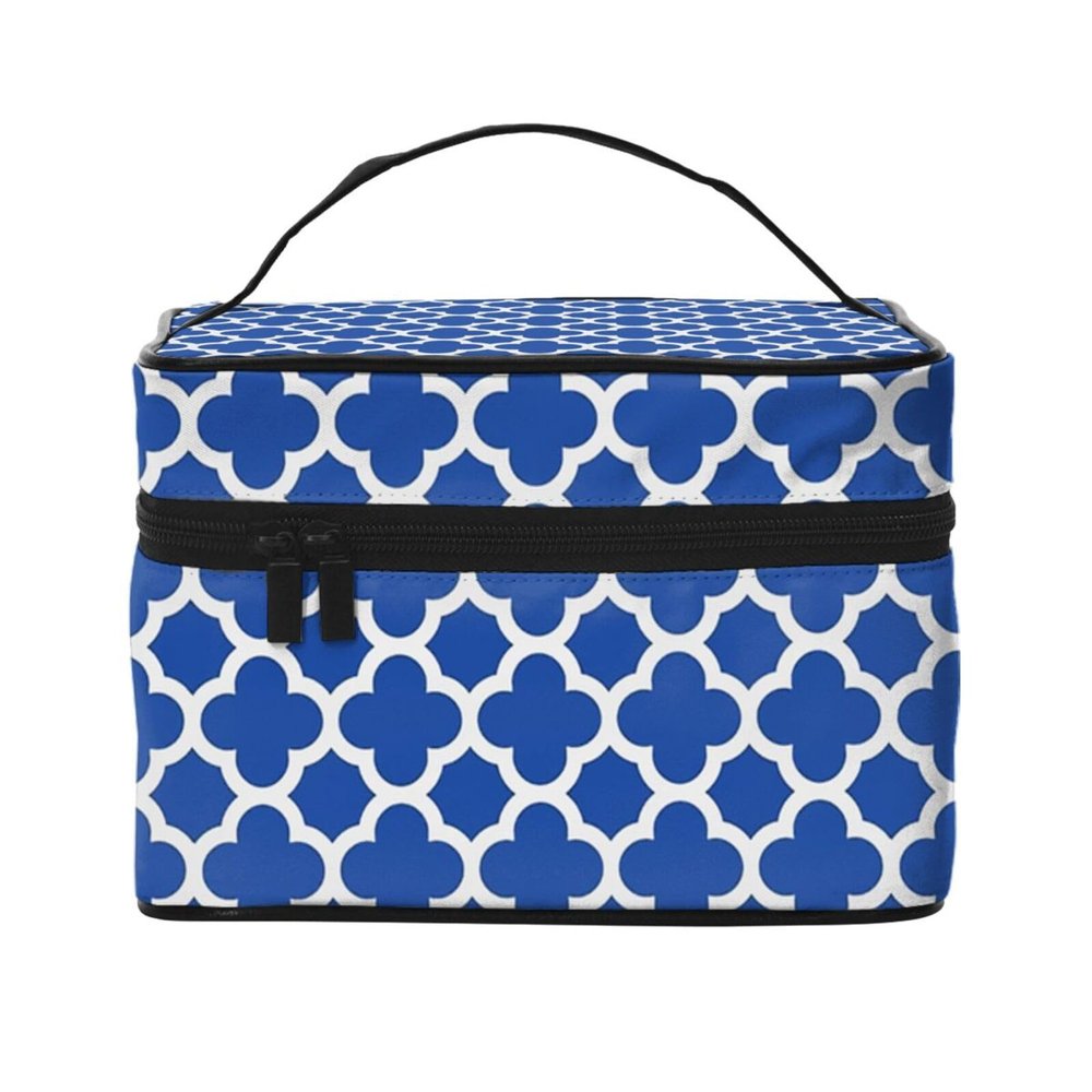 Cobalt Blue Quatrefoil Grid Makeup Bag and Travel Toiletry Bag