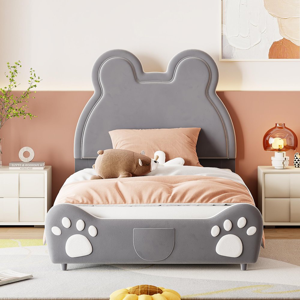 Lexiou Upholstered Children's Bed, Bear-Shaped, 90 x 200 cm, Gray