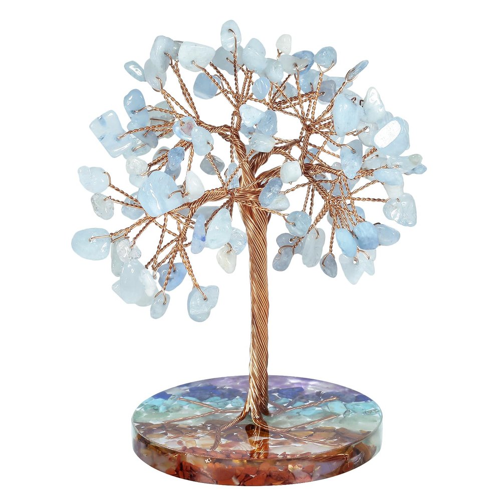 Nupuyai Crystal Silver Tree with 7 Chakras, Resin Base, Feng Shui Bonsai Ornament for Good Luck, Wealth, Home Decor, Aquamarine
