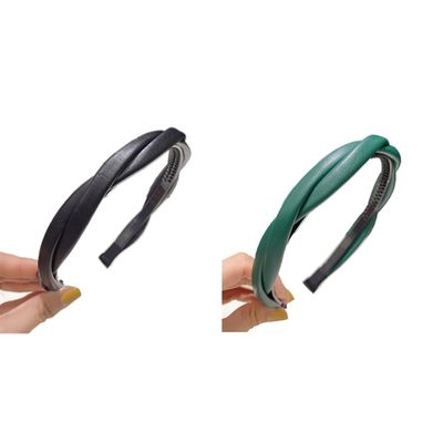 2-Piece Leather Headbands, Two-Strand Braided, Black + Green