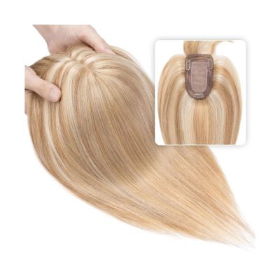 Women's Straight Human Hair Topper with Bangs, Clip-In Hairpiece, 7 x 12.5 cm, Silk Base