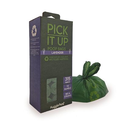 HugglePets Pick It Up Large Dog Waste Bags with Tie Handles, 21 Rolls of 15 Bags, 315 Bags Total, Lavender-Scented, 65% Recycled, Green