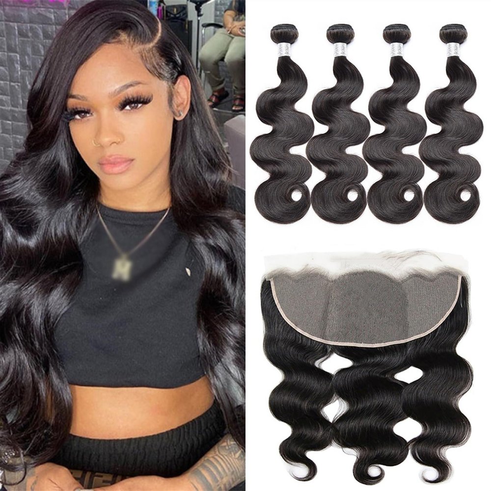 Human Hair Bundles, 16–30 in, Body Wave, with 13x6 Transparent Frontal