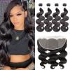 Human Hair Bundles, 16–30 in, Body Wave, with 13x6 Transparent Frontal view 1