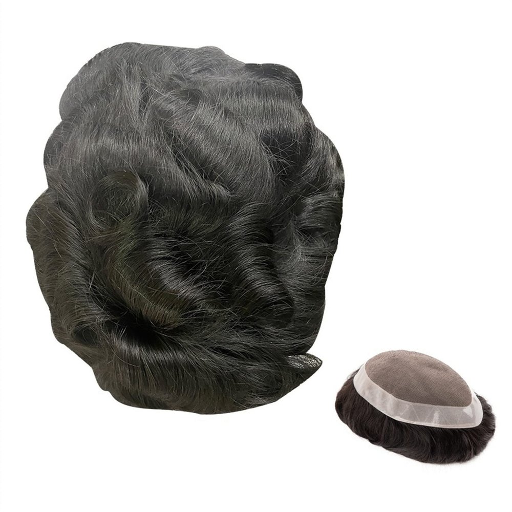 Men's Wavy Human Hair Toupee with Fine Mono-PU Base