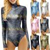 Women's Sexy Long-Sleeve Wetlook Metallic Bodysuit view 2