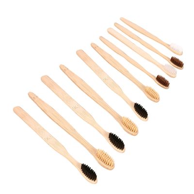 FRCOLOR 10-Piece Bamboo Disposable Toothbrushes, Wooden Hotel Toothbrushes, Assorted Colors