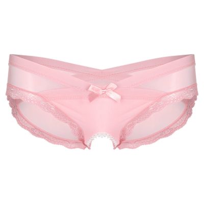 Men's Sissy Open-Crotch Sheer Lace Panties, Pink, XL