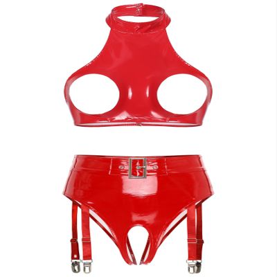 Sxiwei Women's Red Wetlook Patent Leather Lingerie Set, Size S