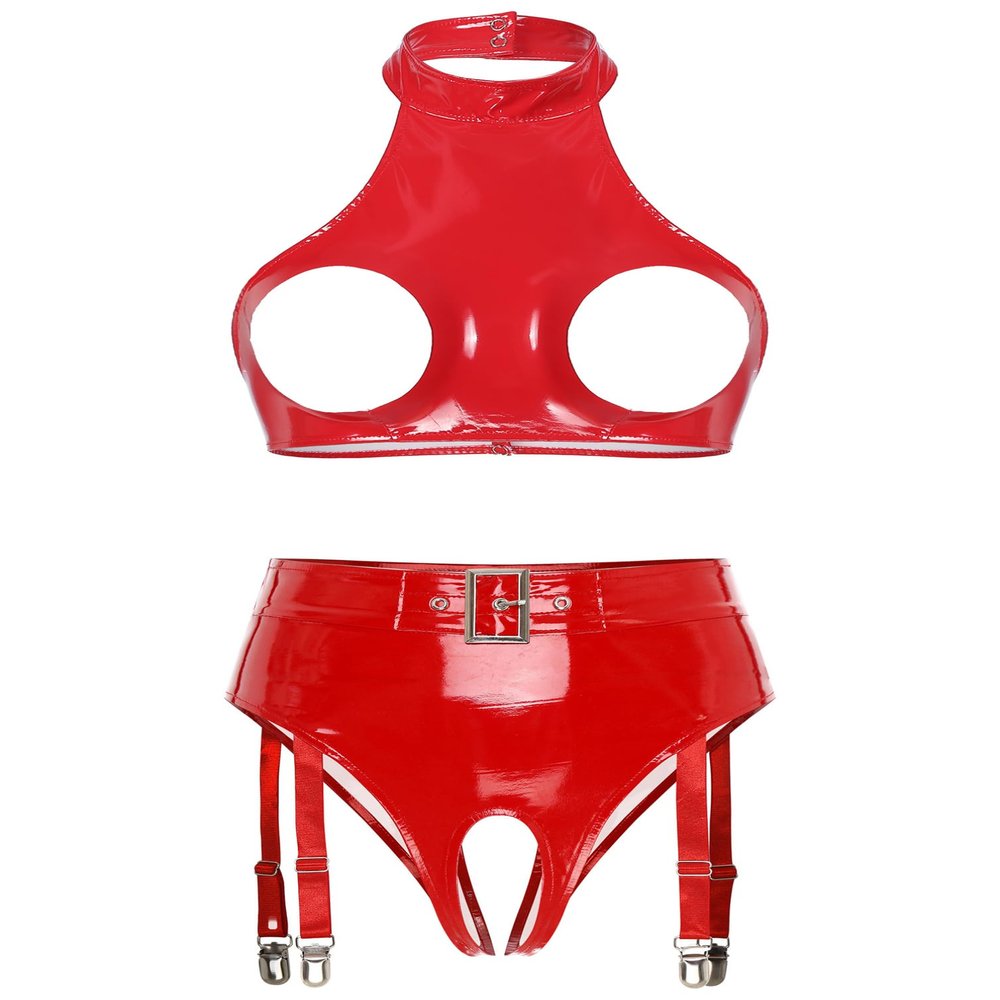 Sxiwei Women's Red Wetlook Patent Leather Lingerie Set, Size S