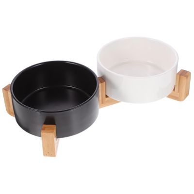 BESPORTBLE Ceramic Pet Bowls with Wooden Stand, Non-Slip, 1 Set