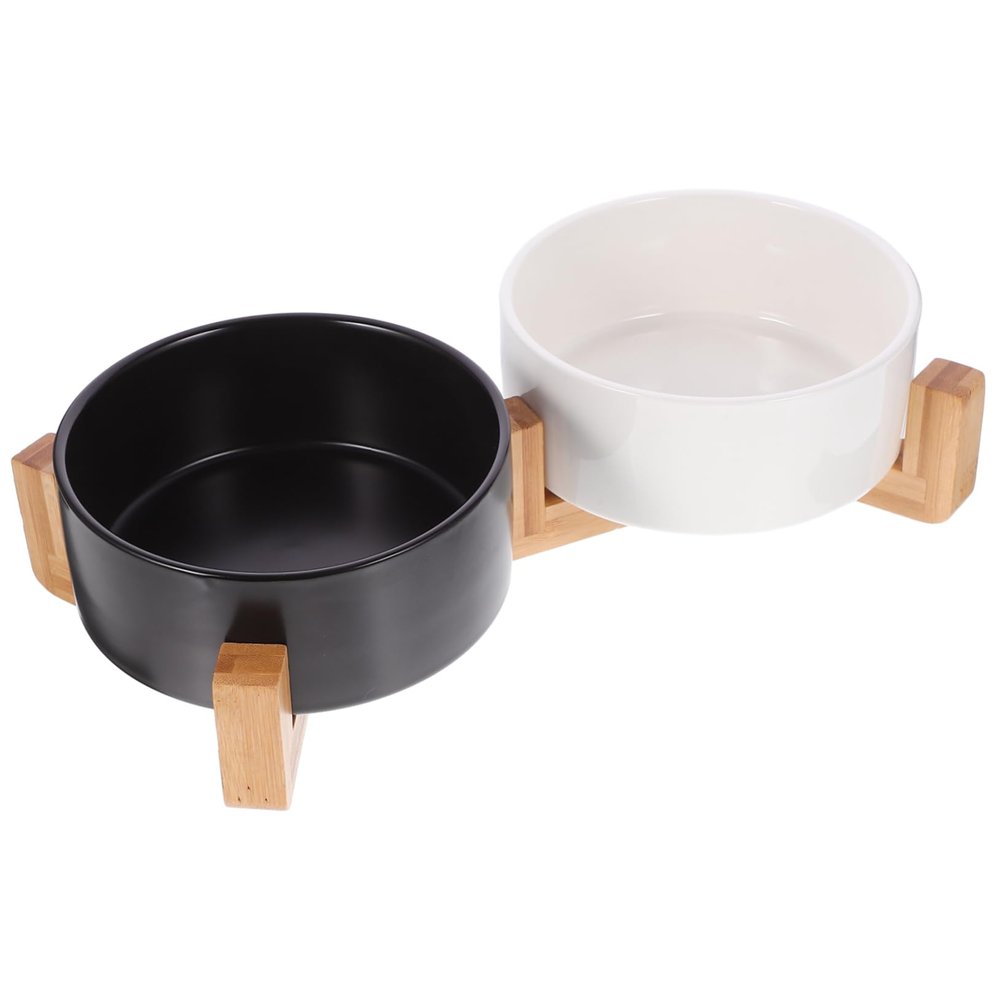 BESPORTBLE Ceramic Pet Bowls with Wooden Stand, Non-Slip, 1 Set