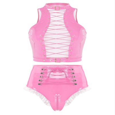 inhzoy Women's Patent Leather Lingerie Set, Bra and Panties, Wetlook Hotpants, Pink_C XL