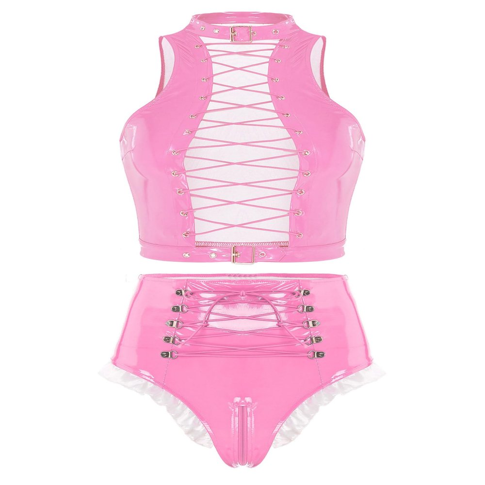 inhzoy Women's Patent Leather Lingerie Set, Bra and Panties, Wetlook Hotpants, Pink_C XL
